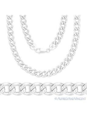 5.1mm Cuban / Curb Link D-Cut Pave Chain Necklace in .925 Sterling Silver 18"